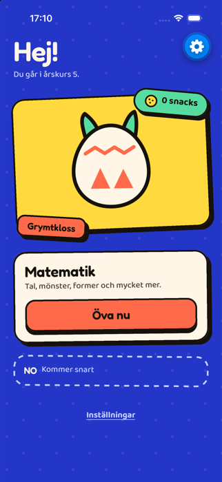 Appens startsida: rubriken Hej!, monstret Grymtkloss som ett ägg på en gul platta och en knapp för att öva matematik.