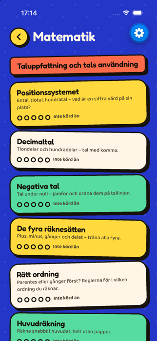 Listan med banor i matematik, till exempel Positionssystemet, Decimaltal, Negativa tal och Huvudräkning.